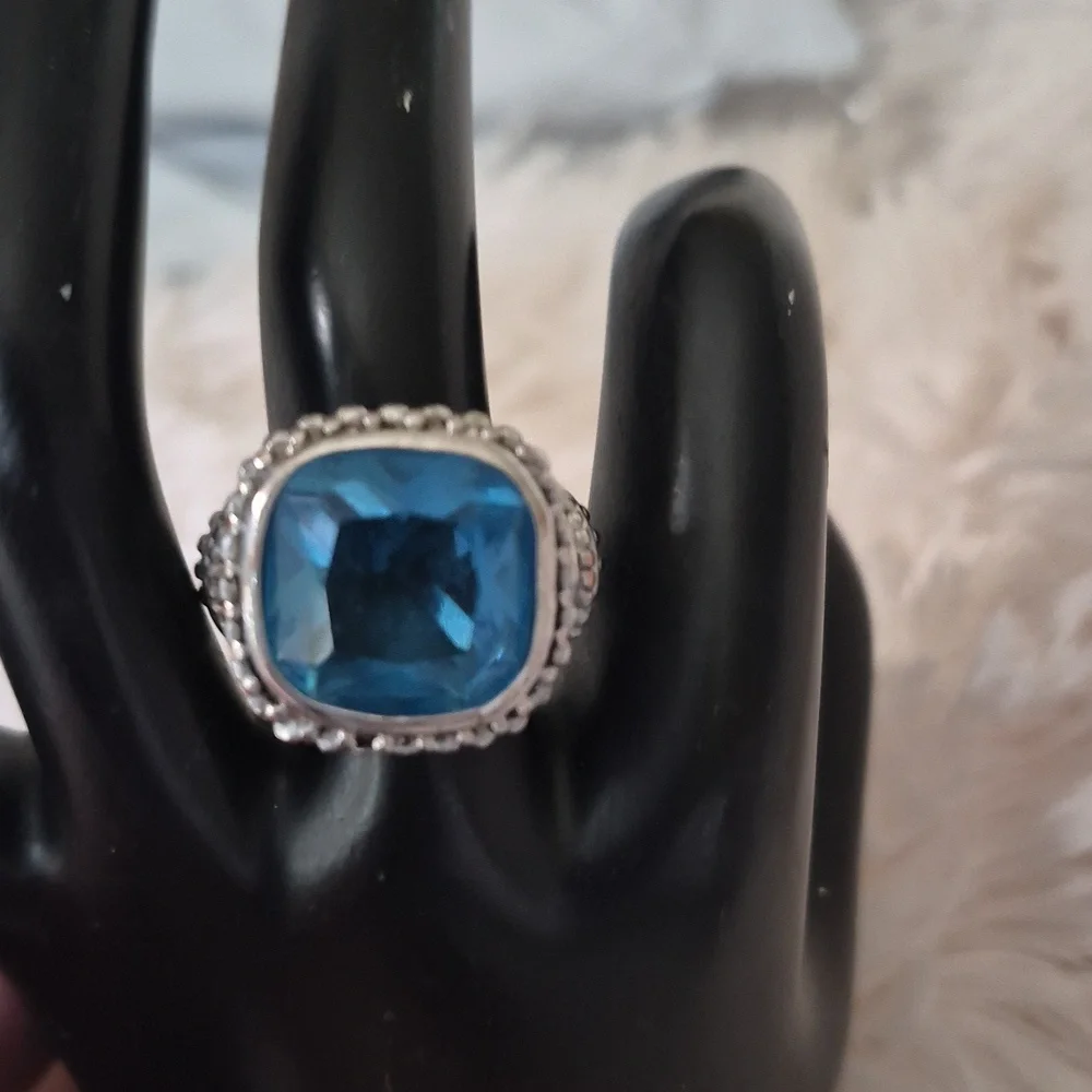 Vintage Checkerboard large Blue Topaz Chunky silver ring size 8